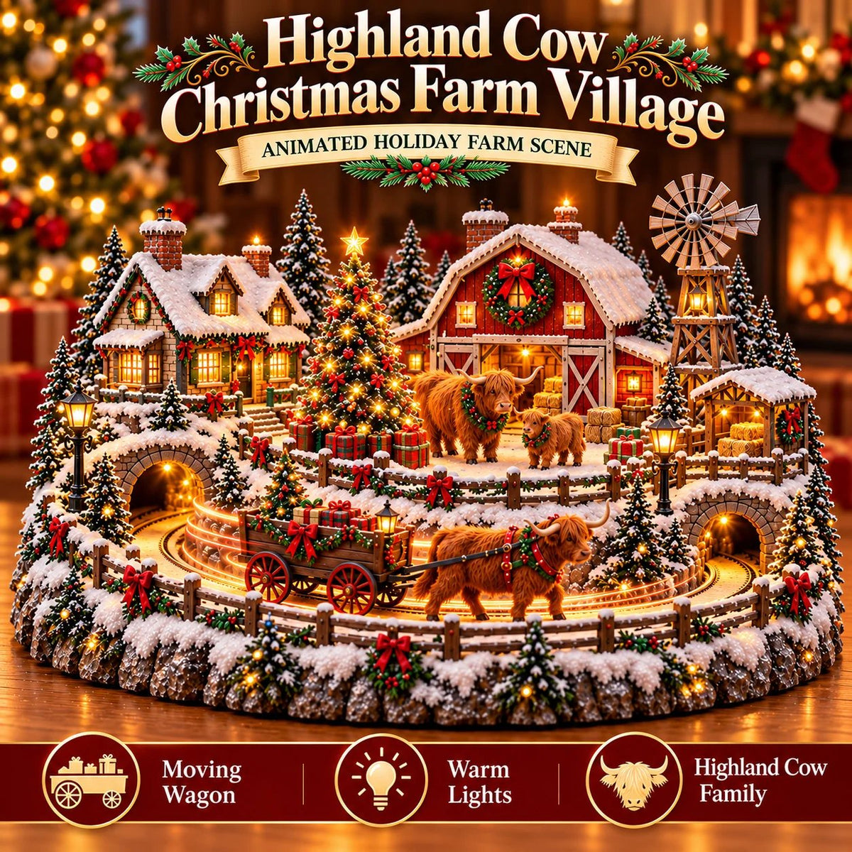 🎁 Highland Cow Christmas Farm Village – Lighted Farmhouse Holiday Décor 🎄