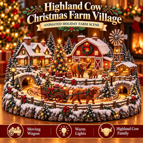 🎁 Highland Cow Christmas Farm Village – Lighted Farmhouse Holiday Décor 🎄