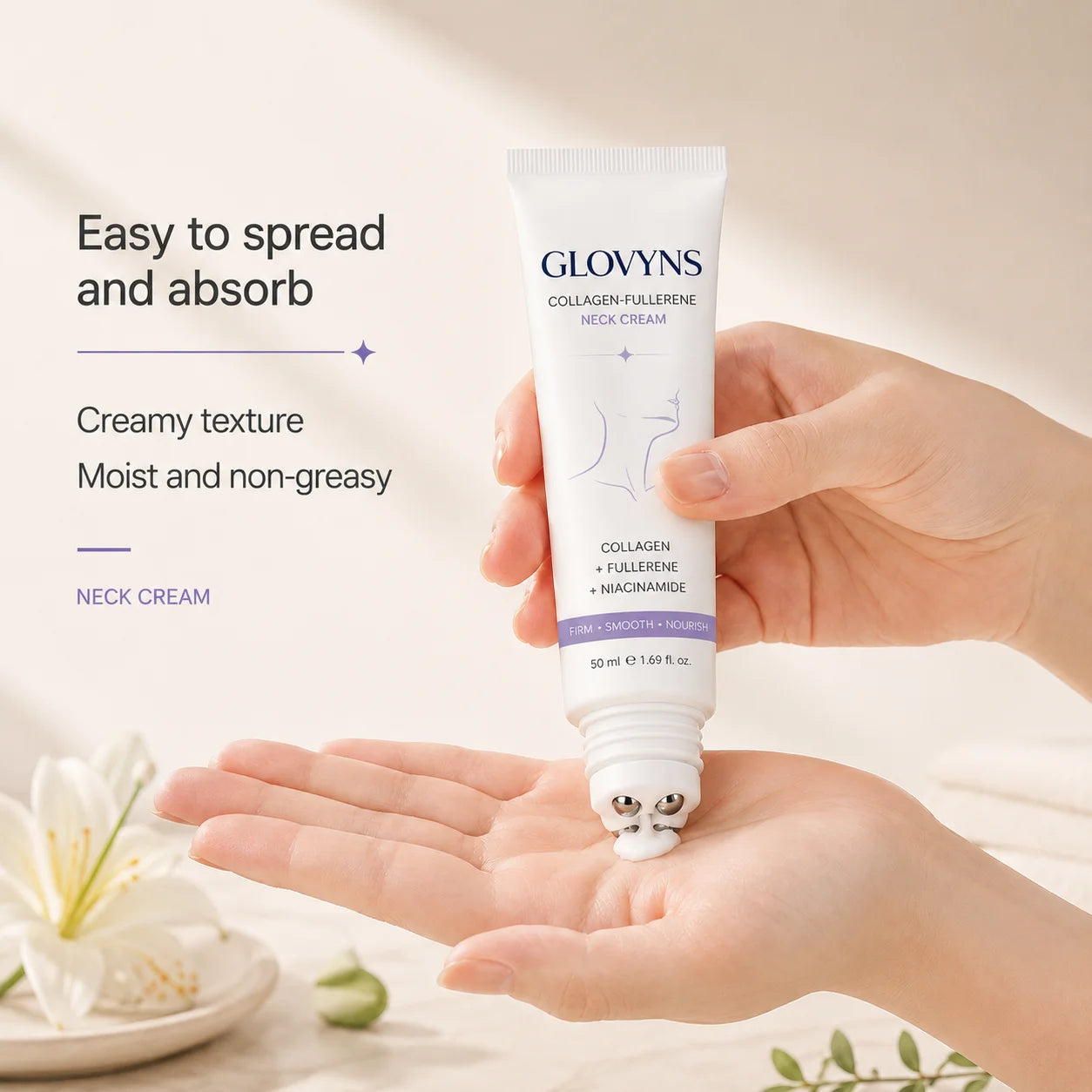 GLOVYNS™ 5-Roller Neck Firming Cream – Collagen & Hyaluronic Acid for Smoother, Tighter-Looking Neck Skin