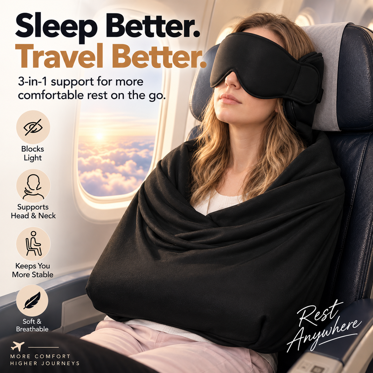 ✈️ 💯 3-in-1 Travel Sleep Support – Blackout Eye Mask & Head Support