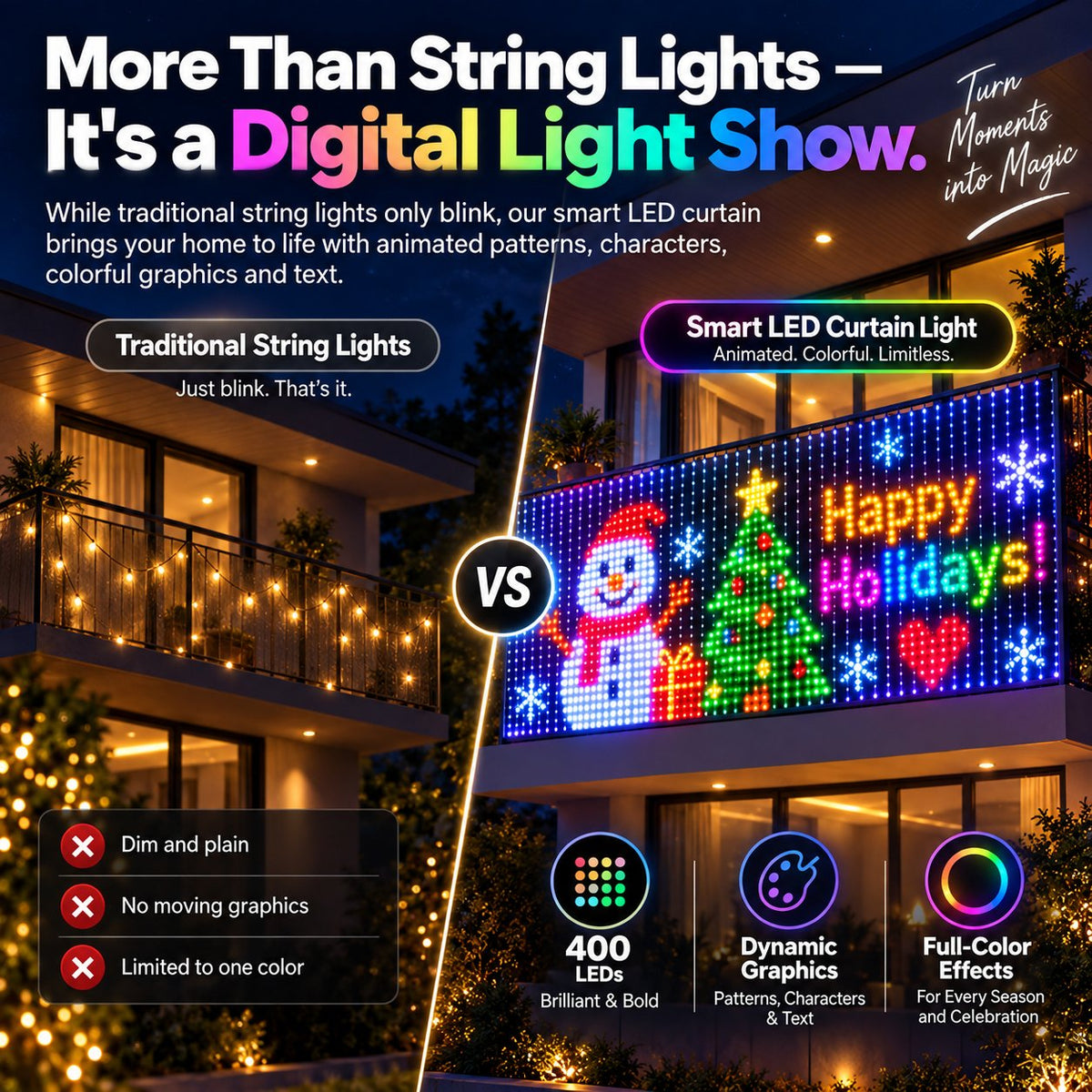 ✨ Smart 400 LED Curtain Lights – Custom Animations, Music Sync & App Control