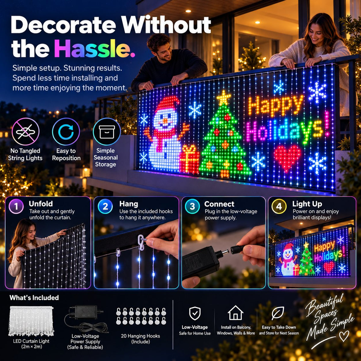 ✨ Smart 400 LED Curtain Lights – Custom Animations, Music Sync & App Control