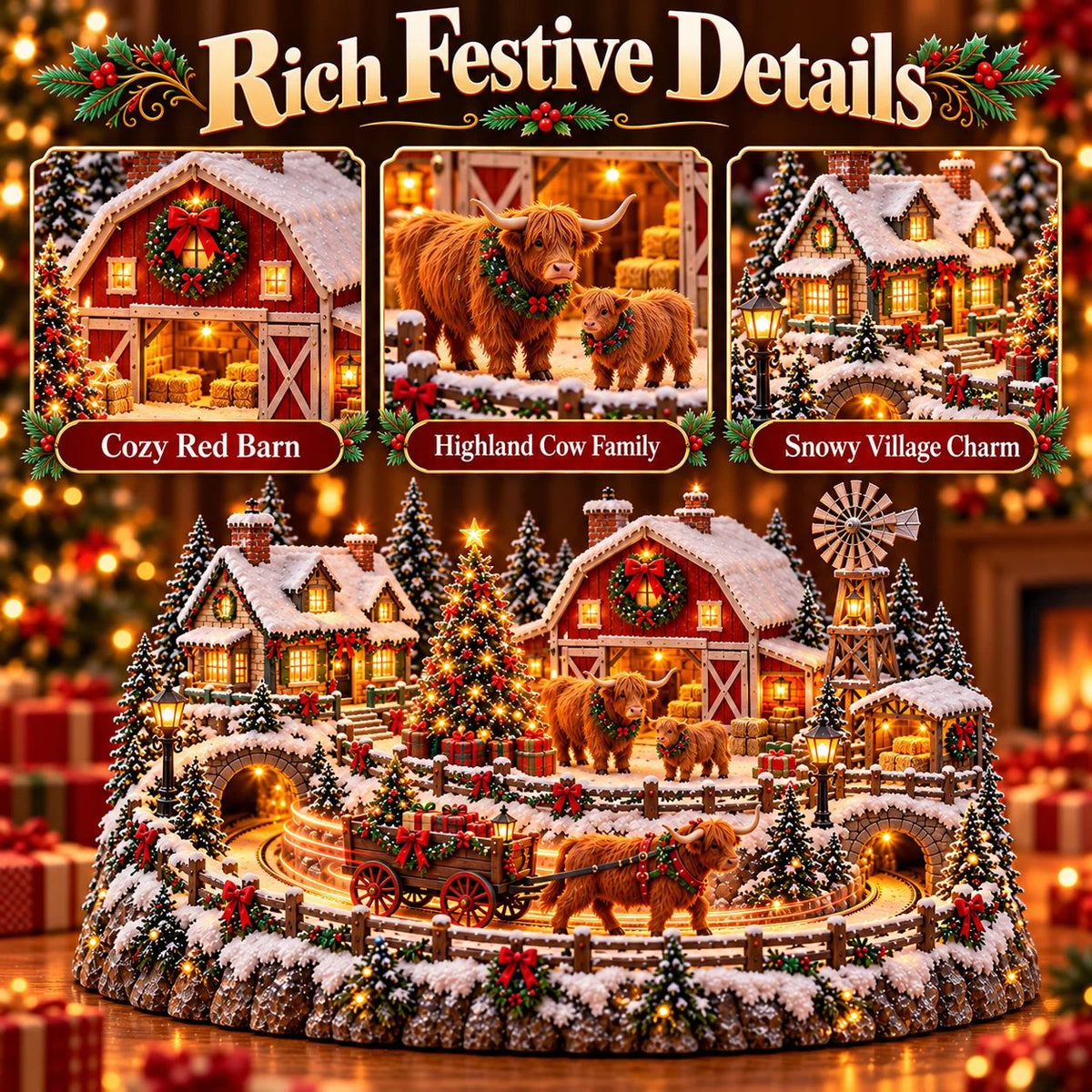 🎁 Highland Cow Christmas Farm Village – Lighted Farmhouse Holiday Décor 🎄