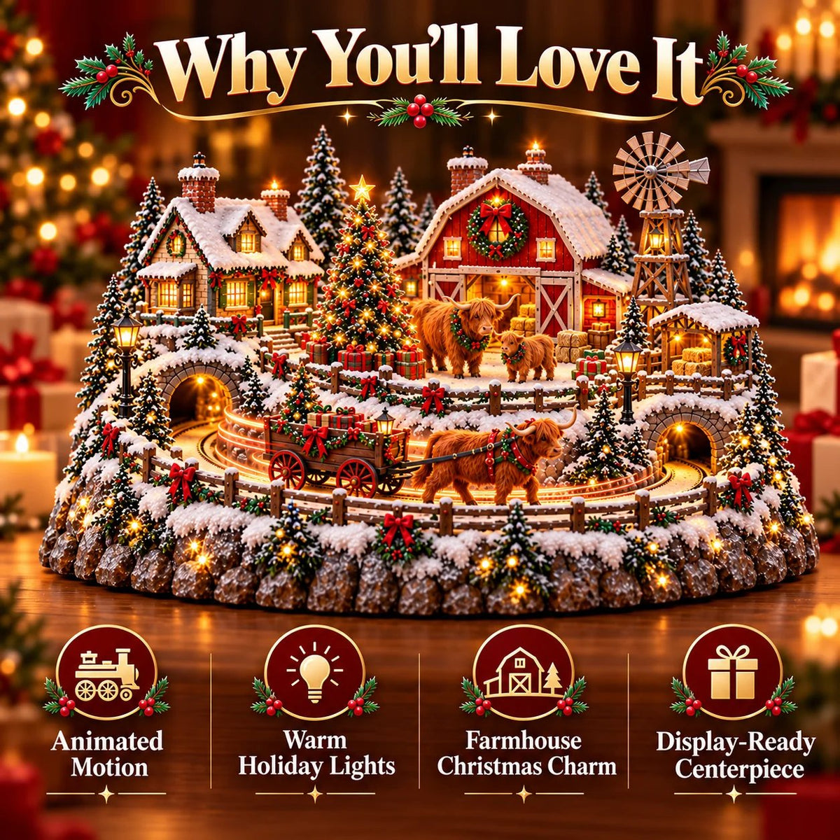 🎁 Highland Cow Christmas Farm Village – Lighted Farmhouse Holiday Décor 🎄