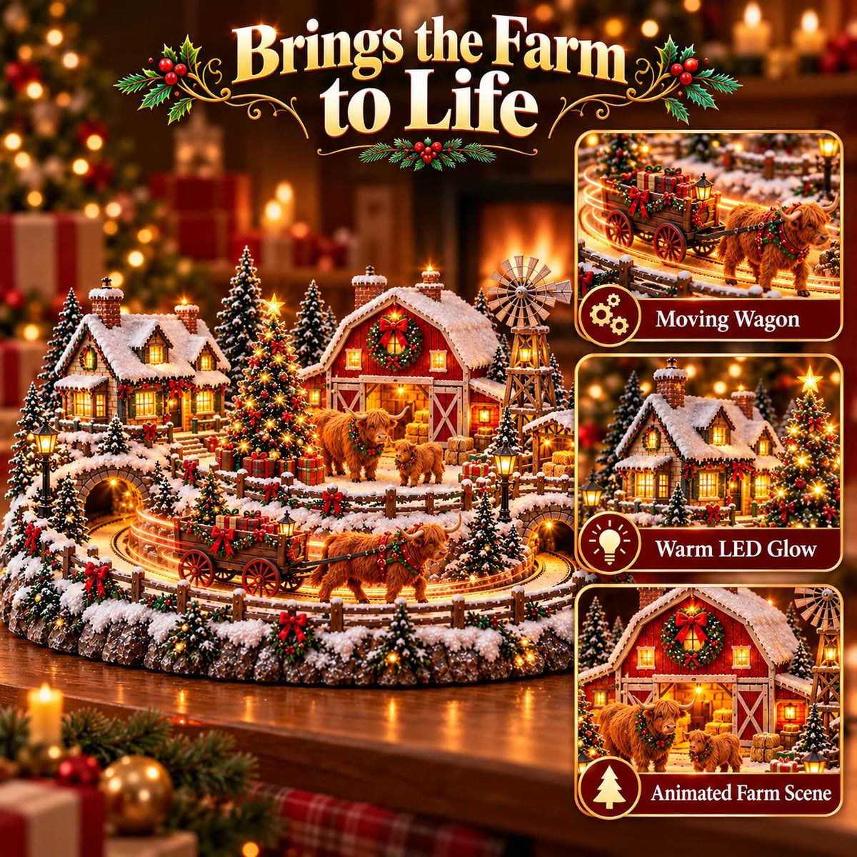 🎁 Highland Cow Christmas Farm Village – Lighted Farmhouse Holiday Décor 🎄